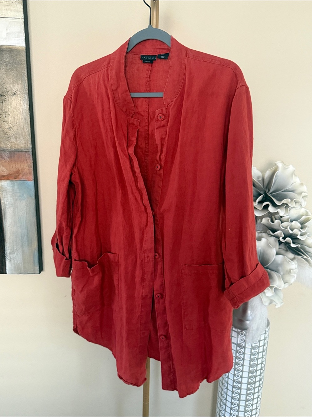 Tahari Red Button-Front Linen Tunic